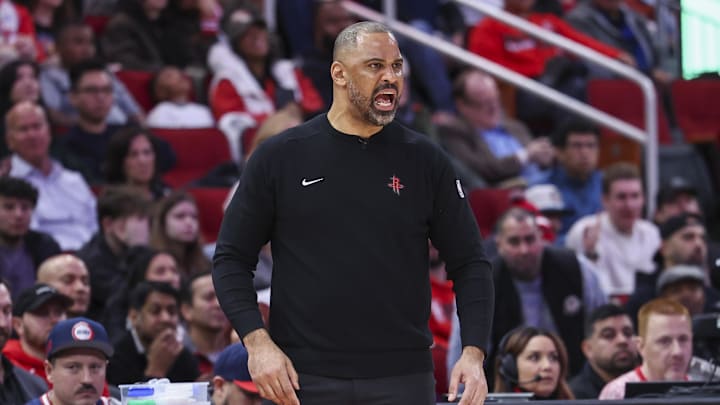 Feb 21, 2025; Houston, Texas, USA; Houston Rockets head coach Ime Udoka reacts during the fourth quarter against the Minnesota Timberwolves at Toyota Center. Mandatory Credit: Troy Taormina-Imagn Images Feb 21, 2025; Houston, Texas, USA; Houston Rockets head coach Ime Udoka reacts during the fourth quarter against the Minnesota Timberwolves at Toyota Center. Mandatory Credit: Troy Taormina-Imagn Images