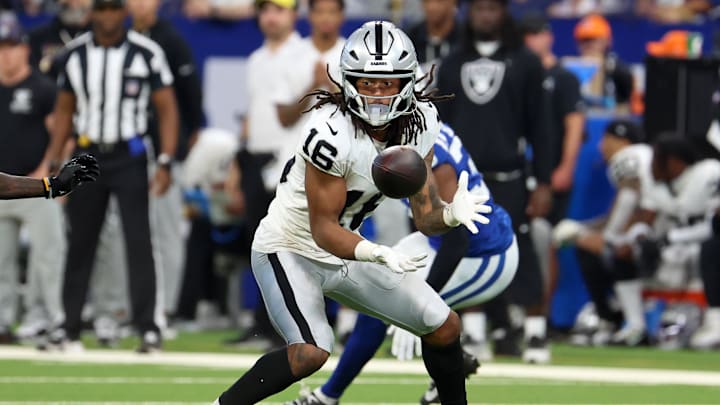 Oct 5, 2025; Indianapolis, Indiana, USA; Las Vegas Raiders wide receiver Jakobi Meyers (16) makes a catch against the Indianapolis Colts during the second half at Lucas Oil Stadium. Mandatory Credit: Trevor Ruszkowski-Imagn Images