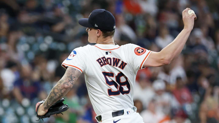 Jun 25, 2024; Houston, Texas, USA; Houston Astros starting pitcher Hunter Brown (58) pitches against the Colorado Rockies in the first inning at Minute Maid Park. Mandatory Credit: Thomas Shea-USA TODAY Sports Jun 25, 2024; Houston, Texas, USA; Houston Astros starting pitcher Hunter Brown (58) pitches against the Colorado Rockies in the first inning at Minute Maid Park. Mandatory Credit: Thomas Shea-USA TODAY Sports