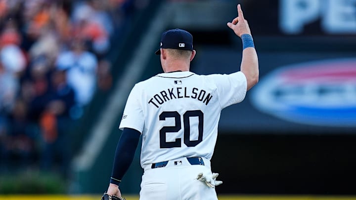 Detroit Tigers first base Spencer Torkelson (20) celebrates a play against Cleveland Guardians during the ninth inning at Game 3 of ALDS at Comerica Park in Detroit on Wednesday, Oct. 9, 2024