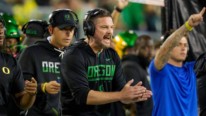 Oregon head coach Dan Lanning cheers on his team as the Oregon Ducks host the Portland State Vikings on Sept. 18, 2026, at Autzen Stadium in Eugene, Oregon.