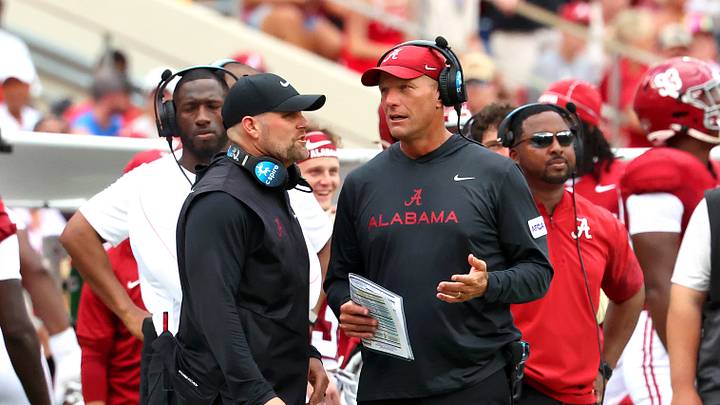 Sep 5, 2026; Tuscaloosa, Alabama, USA; Alabama Crimson Tide head coach Kalen DeBoer (right) talks with an assistant during the second quarter against the East Carolina Pirates at Saban Field at Bryant-Denny Stadium. Mandatory Credit: David Leong-Imagn Images Sep 5, 2026; Tuscaloosa, Alabama, USA; Alabama Crimson Tide head coach Kalen DeBoer (right) talks with an assistant during the second quarter against the East Carolina Pirates at Saban Field at Bryant-Denny Stadium. Mandatory Credit: David Leong-Imagn Images