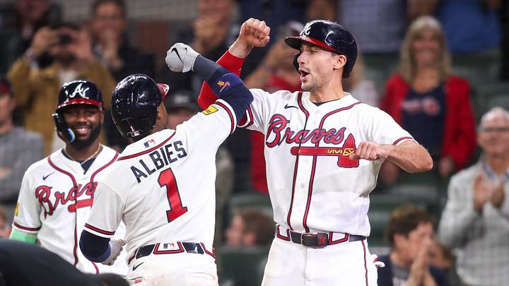 Apr 28, 2026; Atlanta, Georgia, USA; Atlanta Braves second baseman Ozzie Albies (1) celebrates with first baseman Matt Olson (28) after a two-run home run against the Detroit Tigers in the eighth inning at Truist Park. Mandatory Credit: Brett Davis-Imagn Images