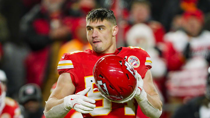 Jan 18, 2025; Kansas City, Missouri, USA; Kansas City Chiefs linebacker Leo Chenal (54) reacts during the second half against Houston Texans in a 2025 AFC divisional round game at GEHA Field at Arrowhead Stadium. Mandatory Credit: Jay Biggerstaff-Imagn Images