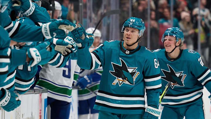 Nov 25, 2023; San Jose, California, USA; San Jose Sharks center Mikael Granlund (64) and left wing