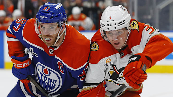 Mar 28, 2026; Edmonton, Alberta, CAN; Edmonton Oilers forward Connor McDavid (97) and Anaheim Ducks defensemen Ian Moore (3) battles for position during the first period at Rogers Place. Mandatory Credit: Perry Nelson-Imagn Images Mar 28, 2026; Edmonton, Alberta, CAN; Edmonton Oilers forward Connor McDavid (97) and Anaheim Ducks defensemen Ian Moore (3) battles for position during the first period at Rogers Place. Mandatory Credit: Perry Nelson-Imagn Images