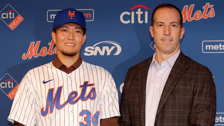 Dec 19, 2022; NY, NY, USA; New York Mets pitcher Kodai Senga (left) poses for photos with general manager Billy Eppler during a press conference at Citi Field. Mandatory Credit: Brad Penner-Imagn Images Dec 19, 2022; NY, NY, USA; New York Mets pitcher Kodai Senga (left) poses for photos with general manager Billy Eppler during a press conference at Citi Field. Mandatory Credit: Brad Penner-Imagn Images