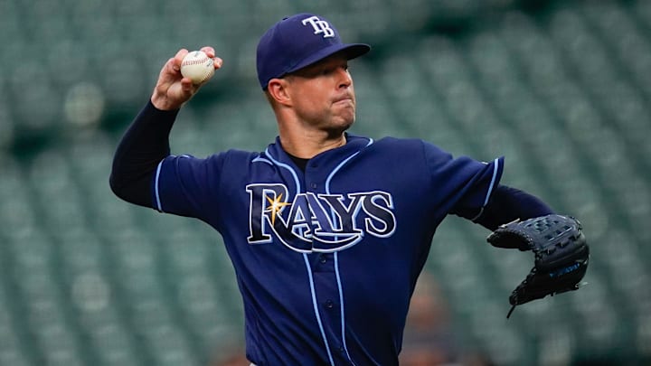 Jul 25, 2022; Baltimore, Maryland, USA;  Tampa Bay Rays starting pitcher Corey Kluber (28) throws a