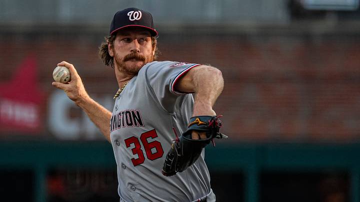 Aug 1, 2026; Cumberland, Georgia, USA; Washington Nationals pitcher Miles Mikolas (36) pitches against the Atlanta Braves during the first inning at Truist Park. Mandatory Credit: Dale Zanine-Imagn Images