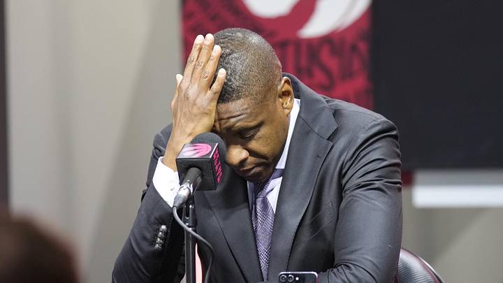 Sep 30, 2024; Toronto, Ontario, Canada; Toronto Raptors Vice-Chairman and Team President Masai Ujiri reacts while talking to the media about the passing of Dikembe Mutombo (not pictured) during media day at Scotiabank Area. Mandatory Credit: John E. Sokolowski-Imagn Images Sep 30, 2024; Toronto, Ontario, Canada; Toronto Raptors Vice-Chairman and Team President Masai Ujiri reacts while talking to the media about the passing of Dikembe Mutombo (not pictured) during media day at Scotiabank Area. Mandatory Credit: John E. Sokolowski-Imagn Images