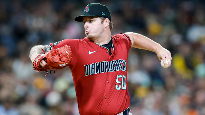Sep 26, 2025; San Diego, California, USA; Arizona Diamondbacks relief pitcher Philip Abner (50) throws a pitch during the fifth inning against the San Diego Padres at Petco Park. Mandatory Credit: David Frerker-Imagn Images
