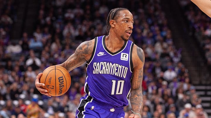 Feb 24, 2025; Sacramento, California, USA; Sacramento Kings forward DeMar DeRozan (10) controls the ball against the Charlotte Hornets during the second quarter at Golden 1 Center. Mandatory Credit: Ed Szczepanski-Imagn Images