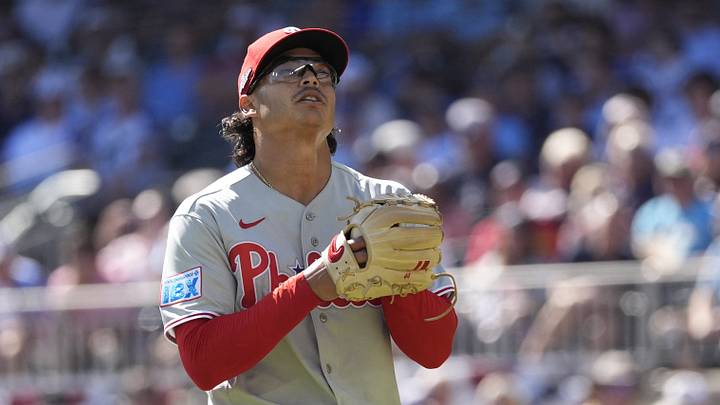 Sep 29, 2026; Cumberland, Georgia, USA; Philadelphia Phillies pitcher Jesus Luzardo (44) reacts in the third inning against the Atlanta Braves during game one of the Wildcard round for the 2026 MLB Playoffs at Truist Park. Mandatory Credit: Dale Zanine-Imagn Images Sep 29, 2026; Cumberland, Georgia, USA; Philadelphia Phillies pitcher Jesus Luzardo (44) reacts in the third inning against the Atlanta Braves during game one of the Wildcard round for the 2026 MLB Playoffs at Truist Park. Mandatory Credit: Dale Zanine-Imagn Images