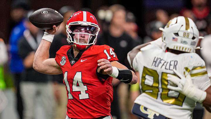 Nov 28, 2025; Atlanta, Georgia, USA; Georgia Bulldogs quarterback Gunner Stockton (14) passes the ball against the Georgia Tech Yellow Jackets during the first quarter at Mercedes-Benz Stadium. Mandatory Credit: Dale Zanine-Imagn Images Nov 28, 2025; Atlanta, Georgia, USA; Georgia Bulldogs quarterback Gunner Stockton (14) passes the ball against the Georgia Tech Yellow Jackets during the first quarter at Mercedes-Benz Stadium. Mandatory Credit: Dale Zanine-Imagn Images