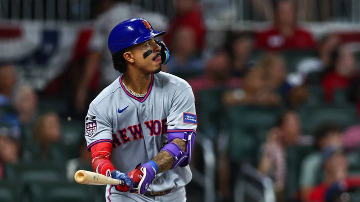 Jul 4, 2026; Cumberland, Georgia, USA; New York Mets first baseman Mark Vientos (27) hits a two-run home run against the Atlanta Braves in the sixth inning at Truist Park. Mandatory Credit: Colin Hubbard-Imagn Images