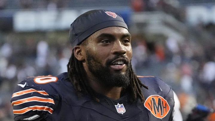 Sep 21, 2025; Chicago, Illinois, USA; Chicago Bears offensive tackle Braxton Jones (70) after the game against the Dallas Cowboys at Soldier Field. Mandatory Credit: David Banks-Imagn Images