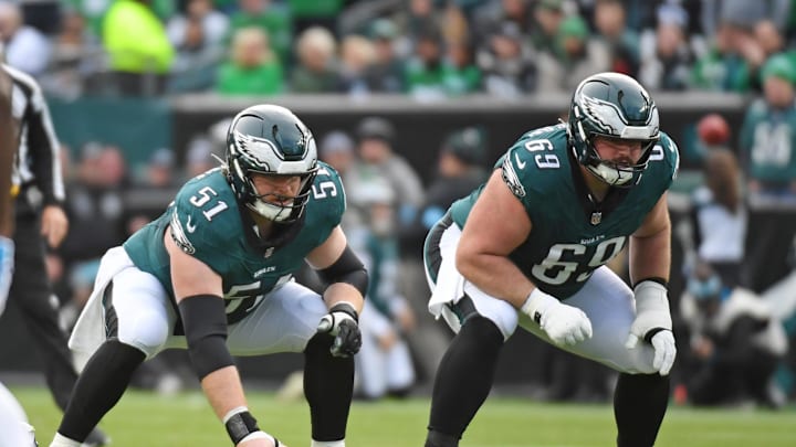Philadelphia Eagles center Cam Jurgens (51) and guard Landon Dickerson (69).