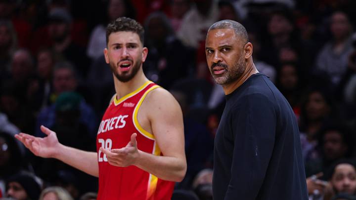 Oct 24, 2026; Atlanta, Georgia, USA; Houston Rockets head coach Ime Udoka and Houston Rockets center Alperen Sengun (28) react in the second quarter against the Atlanta Hawks at State Farm Arena. Mandatory Credit: Colin Hubbard-Imagn Images Oct 24, 2026; Atlanta, Georgia, USA; Houston Rockets head coach Ime Udoka and Houston Rockets center Alperen Sengun (28) react in the second quarter against the Atlanta Hawks at State Farm Arena. Mandatory Credit: Colin Hubbard-Imagn Images