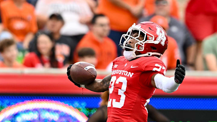 Nov 18, 2023; Houston, Texas, USA; Houston Cougars defensive back Isaiah Hamilton (23) reacts after