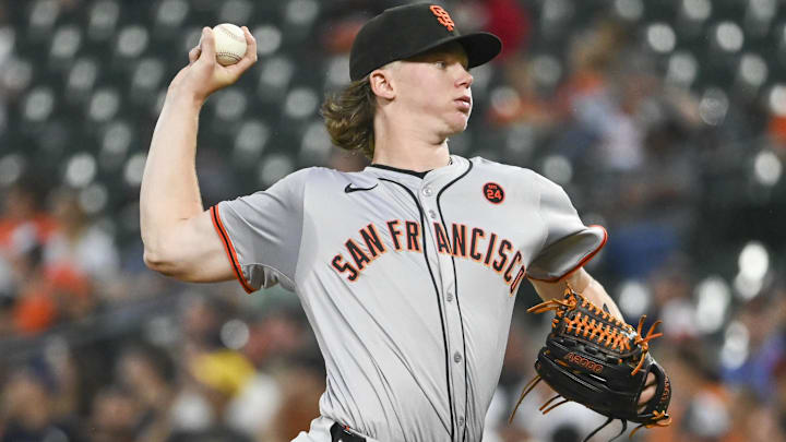 Sep 18, 2024; Baltimore, Maryland, USA;  San Francisco Giants pitcher Hayden Birdsong (60) delivers a second inning pitch against the Baltimore Orioles at Oriole Park at Camden Yards.