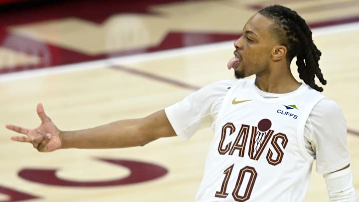 Apr 20, 2025; Cleveland, Ohio, USA; Cleveland Cavaliers guard Darius Garland (10) celebrates after making a three-point basket in the fourth quarter against the Miami Heat at Rocket Arena. Mandatory Credit: David Richard-Imagn Images Apr 20, 2025; Cleveland, Ohio, USA; Cleveland Cavaliers guard Darius Garland (10) celebrates after making a three-point basket in the fourth quarter against the Miami Heat at Rocket Arena. Mandatory Credit: David Richard-Imagn Images