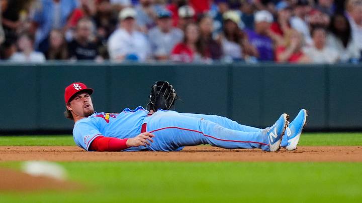 Sep 5, 2026; Denver, Colorado, USA; St. Louis Cardinals third baseman Nolan Gorman (16) lays on field in the third inning against the Colorado Rockies at Coors Field. Mandatory Credit: Ron Chenoy-Imagn Images Sep 5, 2026; Denver, Colorado, USA; St. Louis Cardinals third baseman Nolan Gorman (16) lays on field in the third inning against the Colorado Rockies at Coors Field. Mandatory Credit: Ron Chenoy-Imagn Images