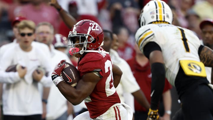 Oct 26, 2024; Tuscaloosa, Alabama, USA;  Alabama Crimson Tide running back Justice Haynes (22) carries the ball for a touchdown against the Missouri Tigers during the second half at Bryant-Denny Stadium. Mandatory Credit: Butch Dill-Imagn Images