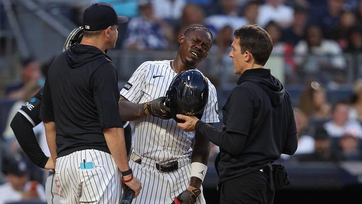 Jun 18, 2026; Bronx, New York, USA;  New York Yankees second baseman Jazz Chisholm Jr. (13) is checked on after hitting himself with a foul ball in the fourth inning against the Chicago White Sox at Yankee Stadium. Mandatory Credit: Wendell Cruz-Imagn Images