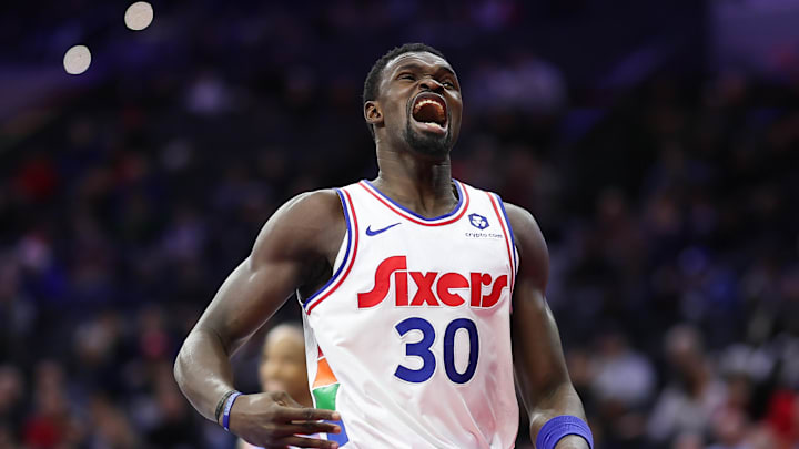 Jan 29, 2025; Philadelphia, Pennsylvania, USA; Philadelphia 76ers center Adem Bona (30) reacts after missing a shot against the Sacramento Kings during the fourth quarter at Wells Fargo Center. Mandatory Credit: Bill Streicher-Imagn Images Jan 29, 2025; Philadelphia, Pennsylvania, USA; Philadelphia 76ers center Adem Bona (30) reacts after missing a shot against the Sacramento Kings during the fourth quarter at Wells Fargo Center. Mandatory Credit: Bill Streicher-Imagn Images