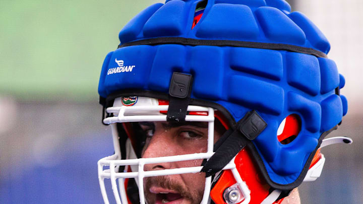 Florida Gators defensive lineman Joey Slackman (97) takes a breather between drills during Fall practice at Sanders Practice Fields in Gainesville, FL on Tuesday, August 6, 2024. [Doug Engle/Gainesville Sun]