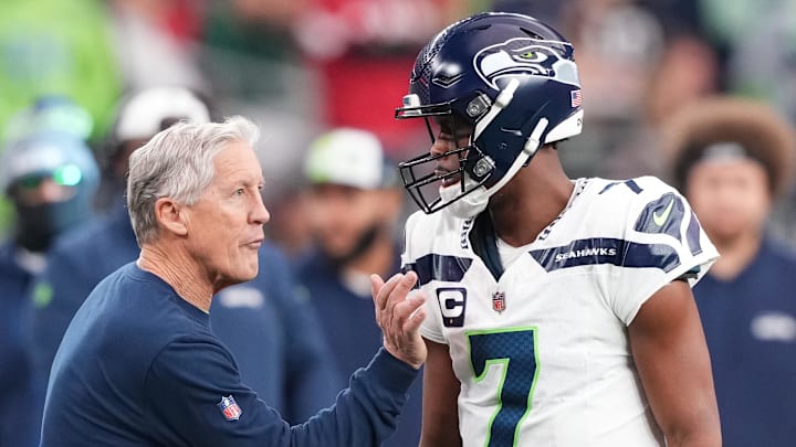 Jan 7, 2024; Glendale, Arizona, USA; Seattle Seahawks head coach Pete Carroll talks with Seattle