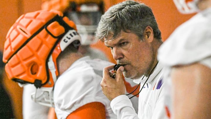 Clemson offensive line coach Matt Luke during the first day of Spring practice