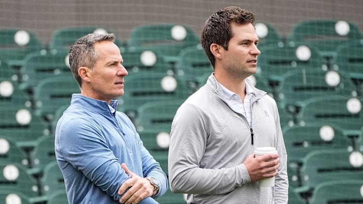 Detroit Tigers team owner Chris Ilitch, left, talks to president of baseball operation Scott Harris as they watch batting practice during spring training at Joker Marchant Stadium in Lakeland, Fla. on Thursday, Feb. 20, 2025. Detroit Tigers team owner Chris Ilitch, left, talks to president of baseball operation Scott Harris as they watch batting practice during spring training at Joker Marchant Stadium in Lakeland, Fla. on Thursday, Feb. 20, 2025.