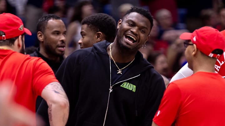Apr 19, 2024; New Orleans, Louisiana, USA;  New Orleans Pelicans forward Zion Williamson (1) talks