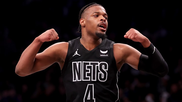 Brooklyn Nets guard Dennis Smith Jr. reacts during the fourth quarter against the Portland Trail Blazers at Barclays Center on January 7, 2024. Brooklyn Nets guard Dennis Smith Jr. reacts during the fourth quarter against the Portland Trail Blazers at Barclays Center on January 7, 2024.