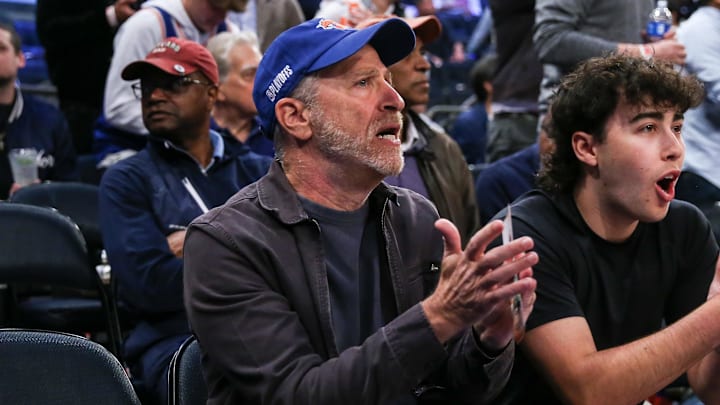 Apr 23, 2023; New York, New York, USA; Comedian Jon Stewart during game four of the 2023 NBA playoffs at Madison Square Garden. Mandatory Credit: Wendell Cruz-Imagn Images Apr 23, 2023; New York, New York, USA; Comedian Jon Stewart during game four of the 2023 NBA playoffs at Madison Square Garden. Mandatory Credit: Wendell Cruz-Imagn Images