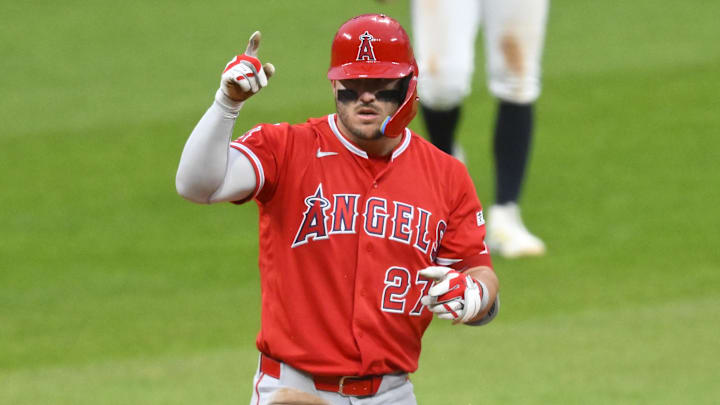 May 12, 2026; Cleveland, Ohio, USA; Los Angeles Angels center fielder Mike Trout (27) celebrates his double in the fifth inning against the Cleveland Guardians at Progressive Field. Mandatory Credit: David Richard-Imagn Images May 12, 2026; Cleveland, Ohio, USA; Los Angeles Angels center fielder Mike Trout (27) celebrates his double in the fifth inning against the Cleveland Guardians at Progressive Field. Mandatory Credit: David Richard-Imagn Images