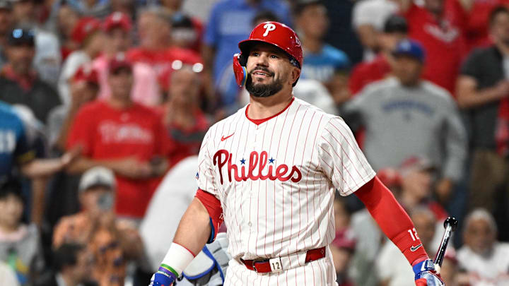 Oct 6, 2025; Philadelphia, Pennsylvania, USA; Philadelphia Phillies designated hitter Kyle Schwarber (12) reacts to striking out against the Los Angeles Dodgers in the eighth inning during game two of the NLDS round for the 2025 MLB playoffs at Citizens Bank Park. Mandatory Credit: Eric Hartline-Imagn Images