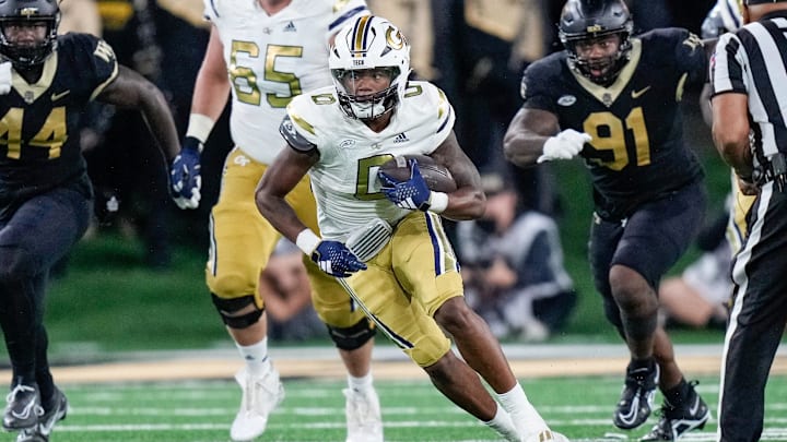 Sep 23, 2023; Winston-Salem, North Carolina, USA; Georgia Tech Yellow Jackets running back Trey Cooley (0) during the first half against the Wake Forest Demon Deacons at Allegacy Federal Credit Union Stadium. Mandatory Credit: Jim Dedmon-Imagn Images