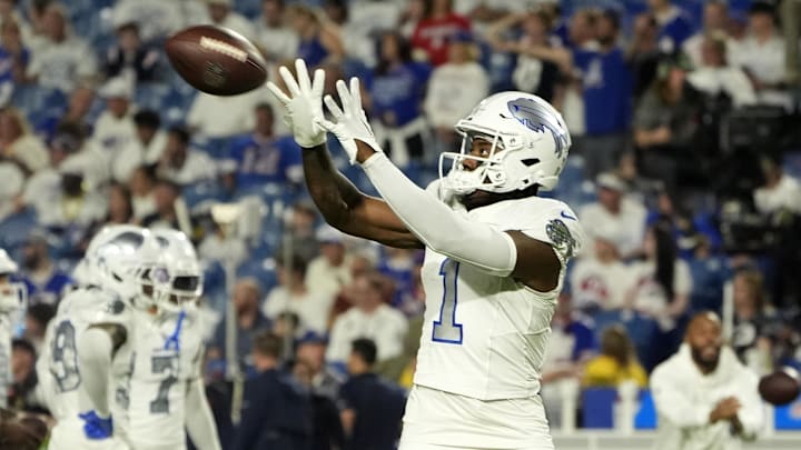 Oct 5, 2025; Orchard Park, New York, USA; Buffalo Bills wide receiver Curtis Samuel (1) practices before the game against the New England Patriots at Highmark Stadium.