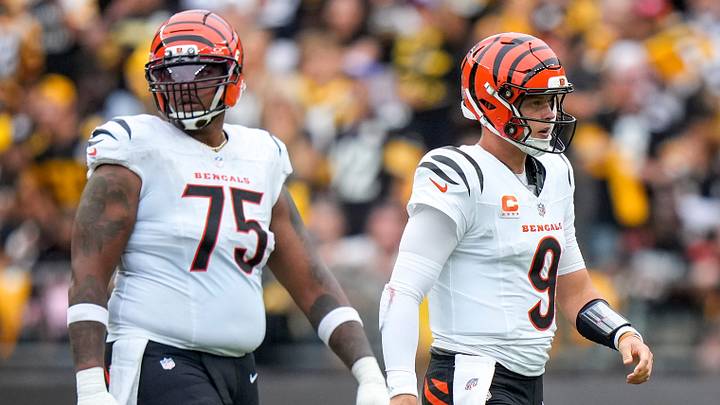 Cincinnati Bengals quarterback Joe Burrow (9) and offensive tackle Orlando Brown Jr. (75) walk off the field after a sack in the fourth quarter of the NFL Week 3 game between the Pittsburgh Steelers and the Cincinnati Bengals at Acrisure Stadium in Pittsburgh on Sunday, Sept. 27, 2026. The Bengals fell to 2-1 on the season with a 30-27 loss on the road. Cincinnati Bengals quarterback Joe Burrow (9) and offensive tackle Orlando Brown Jr. (75) walk off the field after a sack in the fourth quarter of the NFL Week 3 game between the Pittsburgh Steelers and the Cincinnati Bengals at Acrisure Stadium in Pittsburgh on Sunday, Sept. 27, 2026. The Bengals fell to 2-1 on the season with a 30-27 loss on the road.