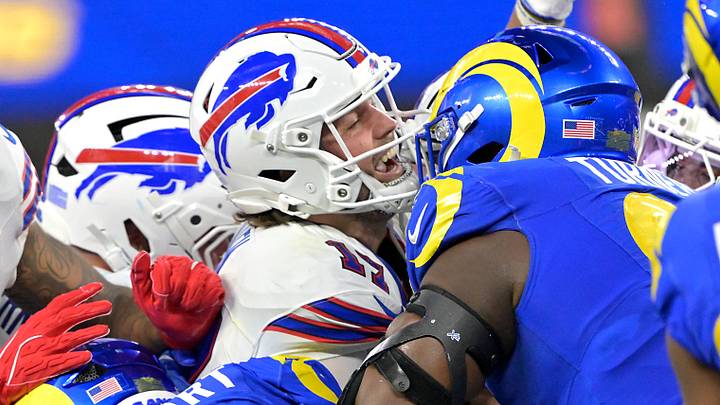 Oct 12, 2026; Inglewood, California, USA; Buffalo Bills quarterback Josh Allen (17) battle to push his way to the end zone during the fourth quarter against the Los Angeles Rams at SoFi Stadium Oct 12, 2026; Inglewood, California, USA; Buffalo Bills quarterback Josh Allen (17) battle to push his way to the end zone during the fourth quarter against the Los Angeles Rams at SoFi Stadium