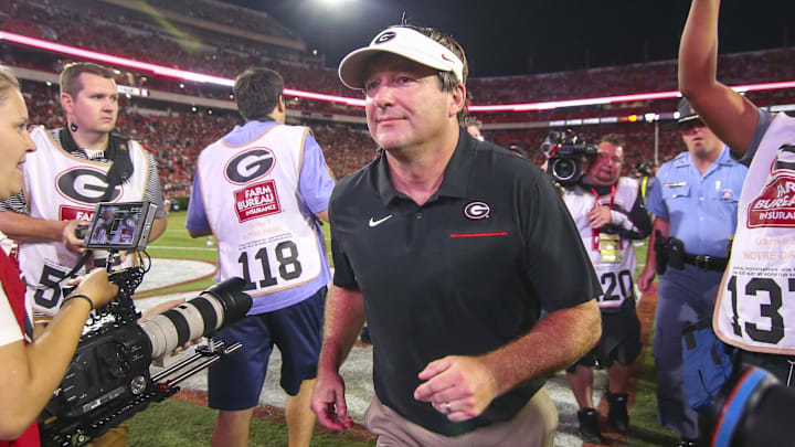 Sep 21, 2019; Athens, GA, USA; Georgia Bulldogs head coach Kirby Smart celebrates after a victory against the Notre Dame Fighting Irish at Sanford Stadium. Mandatory Credit: Brett Davis-Imagn Images
