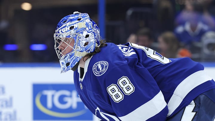 Nov 26, 2025; Tampa, Florida, USA; Tampa Bay Lightning goaltender Andrei Vasilevskiy (88) looks on against the Calgary Flames in the second period at Benchmark International Arena. Mandatory Credit: Nathan Ray Seebeck-Imagn Images Nov 26, 2025; Tampa, Florida, USA; Tampa Bay Lightning goaltender Andrei Vasilevskiy (88) looks on against the Calgary Flames in the second period at Benchmark International Arena. Mandatory Credit: Nathan Ray Seebeck-Imagn Images
