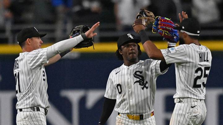 Apr 28, 2026; Chicago, Illinois, USA; Chicago White Sox outfielder Austin Hays (21), outfielder Luisangel Acuna (0) and outfielder Derek Hill (25) celebrate after defeating the Los Angeles Angels at Rate Field. Mandatory Credit: Patrick Gorski-Imagn Images Apr 28, 2026; Chicago, Illinois, USA; Chicago White Sox outfielder Austin Hays (21), outfielder Luisangel Acuna (0) and outfielder Derek Hill (25) celebrate after defeating the Los Angeles Angels at Rate Field. Mandatory Credit: Patrick Gorski-Imagn Images