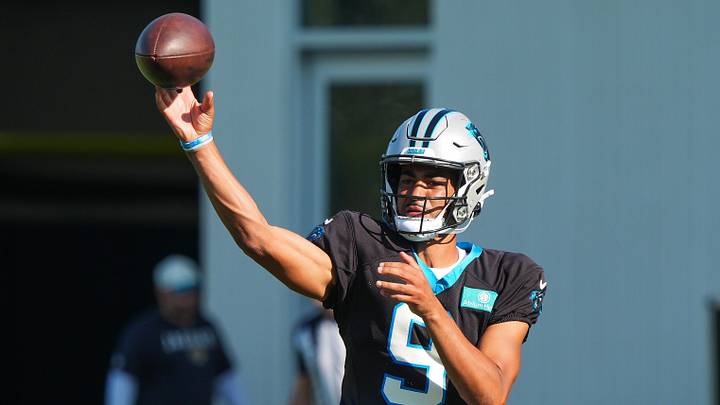 Carolina Panthers quarterback Bryce Young (9) throws during a joint practice 