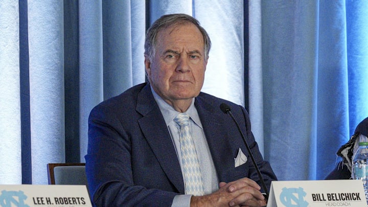 Dec 12, 2024; Chapel Hill, NC, USA;   North Carolina Tar Heels new head coach Bill Belichick speaks to the media at Loudermilk Center for Excellence. Mandatory Credit: Jim Dedmon-Imagn Images