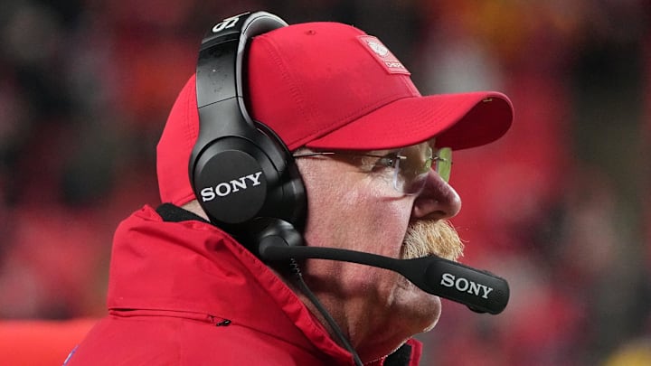 Dec 7, 2025; Kansas City, Missouri, USA; Kansas City Chiefs head coach Andy Reid is seen on the sideline during the fourth quarter against the Houston Texans at GEHA Field at Arrowhead Stadium. Mandatory Credit: Denny Medley-Imagn Images | Denny Medley-Imagn Images