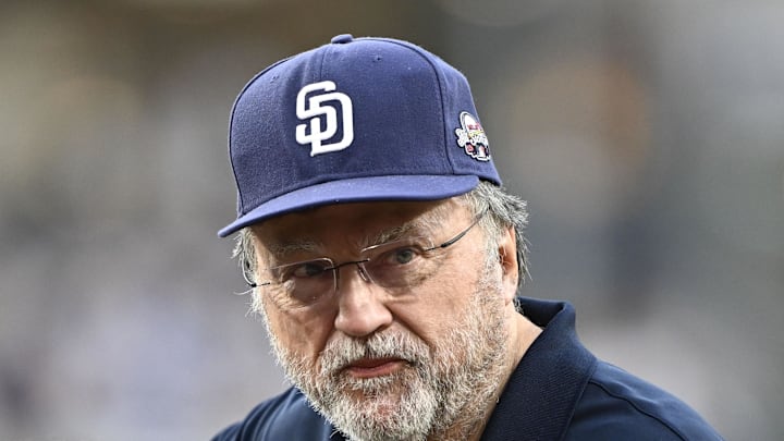 Sep 4, 2024; San Diego, California, USA; Former San Diego Padres owner John Moores looks on before a game against the Detroit Tigers at Petco Park. Mandatory Credit: Denis Poroy-Imagn Images