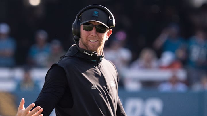 Jacksonville Jaguars head coach Liam Coen reacts to having to take a timeout after a bobbled play during the third fourth in an NFL football game at EverBank Stadium, Sunday, November 16, 2025, in Jacksonville, Fla. [Doug Engle/Florida Times-Union]